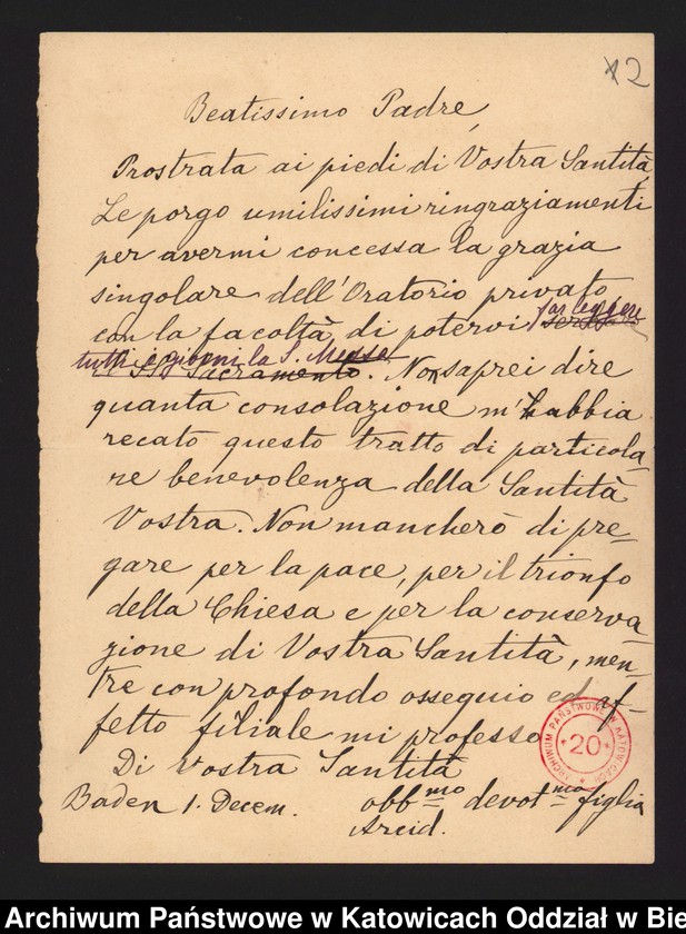 Obraz z jednostki "[1. Korespondencja arcyksiężnej Marii Teresy Habsburg z władzami kościelnymi w sprawie uzyskania zezwolenia na odprawianie Mszy Świętej w kaplicy zamkowej 1905-1912, 2. Kopia fragmentu traktatu wiedeńskiego z 3 maja 1815 roku]"
