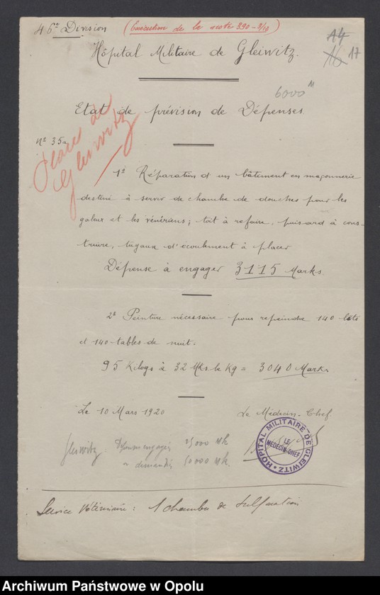 Obraz 17 z jednostki "Tabelau Recapitula et Etats de Previsions de Depenses Casernement  /Zestawienie wydatków na zakwaterowanie wojsk, remonty, sprzęt kwaterunkowy/ III. 1920"