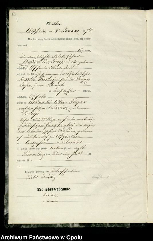 Obraz 15 z jednostki "Urząd Stanu Cywilnego w Opolu 1878 Rejestr zgonów Księga Miejscowa Nr 1 do 376"