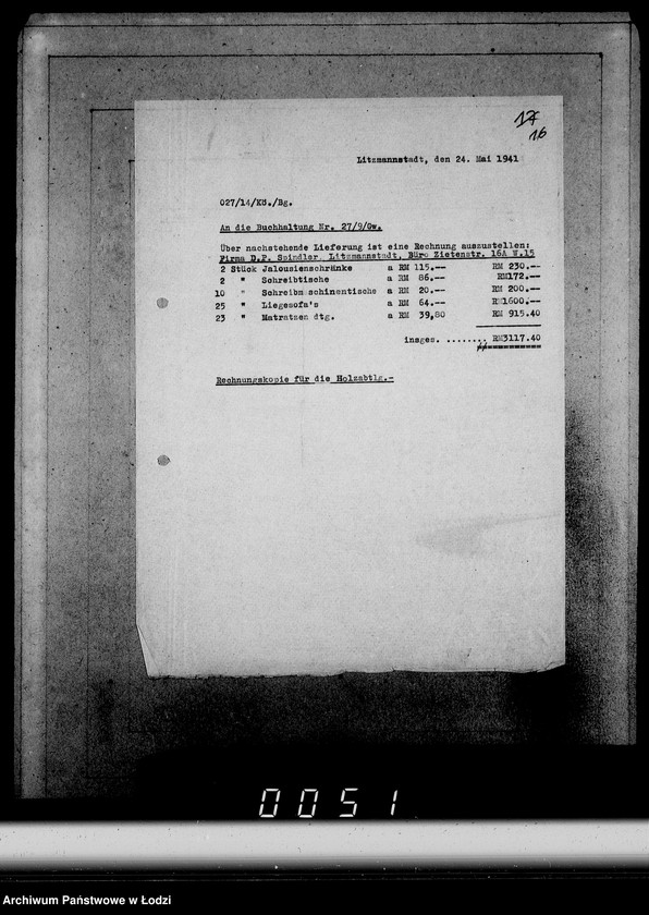 Obraz 20 z jednostki "Konto 00, Kom 1-65 [Zamówienia i rachunki za meble biurowe i sprzęty domowe]"