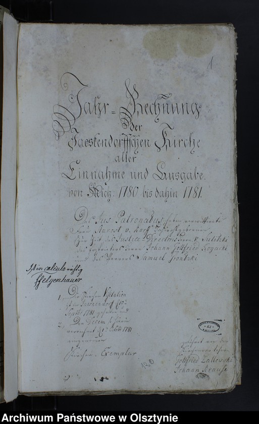 image.from.unit.number "Jahr Rechnung der Jaskendorffschen Kirchen aller Einnahme und Ausgabe wie auch Bau-Rechnung"