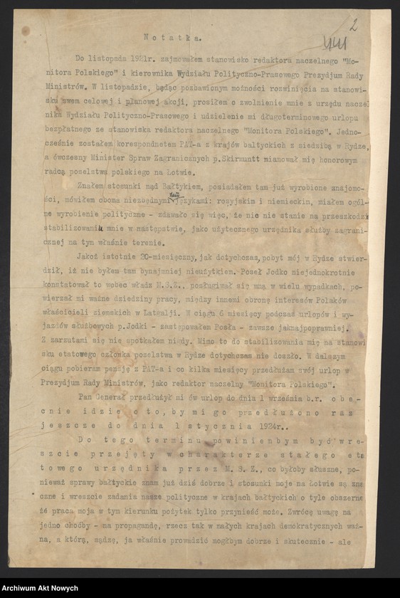 image.from.unit.number "Baranowski Wojciech, radca Poselstwa Polskiego w Rydze.  Prośba o interwencję w sprawie uzyskania etatu w MSZ."