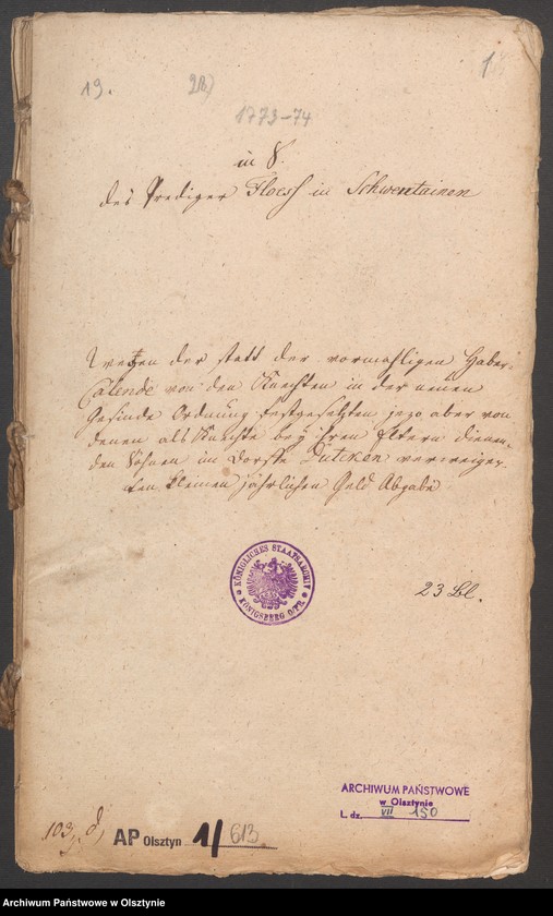 image.from.unit.number "In S. [Sachen] des Prediger Floeß in Schwentainen [Świętajno]. Wegen der Statt der vormahligen Haber„Calende von den Knechten in der neuen Gesinde Ordnung festgesetzten jezo aber von denen als Knechte bey ihren Eltern dienen, den Sohnen in Dorffe Dutcken [Dudki] verweigerten kleinen jährlichen Geld Abgabe"