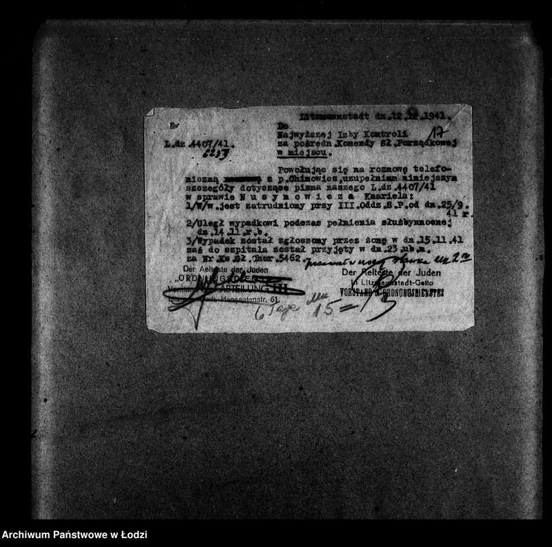 Obraz 20 z jednostki "I Ordnungsdienst [Zasiłki chorobowe dla pracowników wydziału, listy pracowników, zaświadczenia lekarskie]"