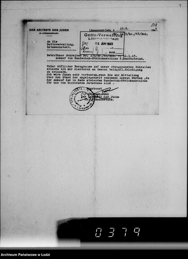 Obraz 18 z jednostki "[Korespondencja Przełożonego Starszeństwa Żydów w Getcie w sprawach przydziału maszyn i urządzeń oraz półfabrykatów do produkcji]"