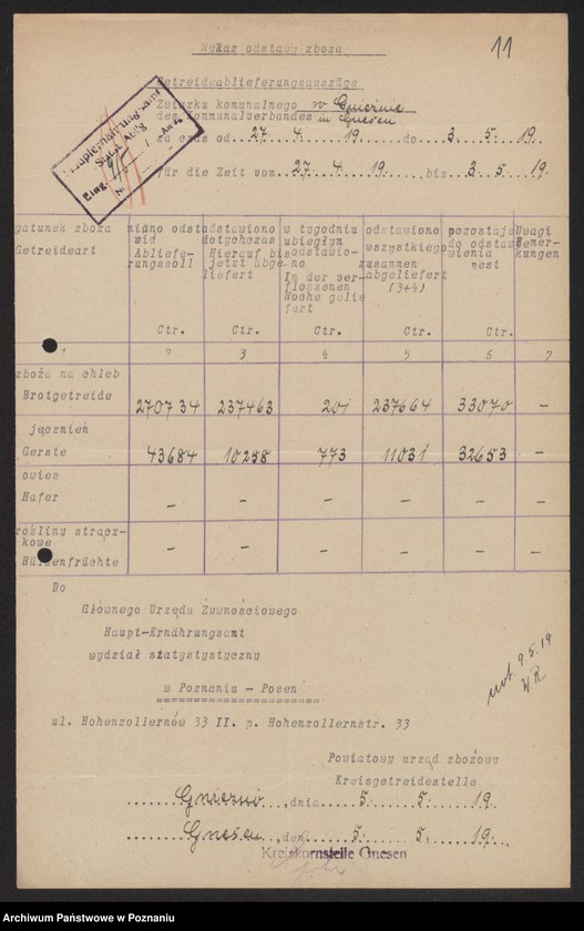 Obraz 13 z jednostki "[Wykazy odstawionego zboża przez Związek Komunalny w Gnieźnie]"