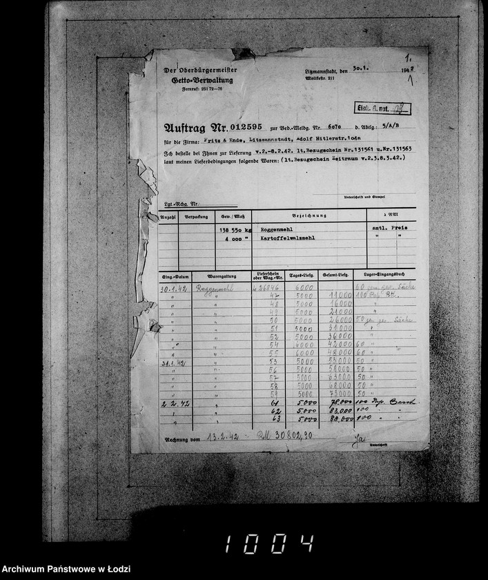 Obraz 5 z jednostki "Aufträge [Lieferscheinen und Rechnungen] 12481-12530 Lebensmitteleinkauf 5/Mü [Dostawa artykułów pierwszej potrzeby do Getta]."