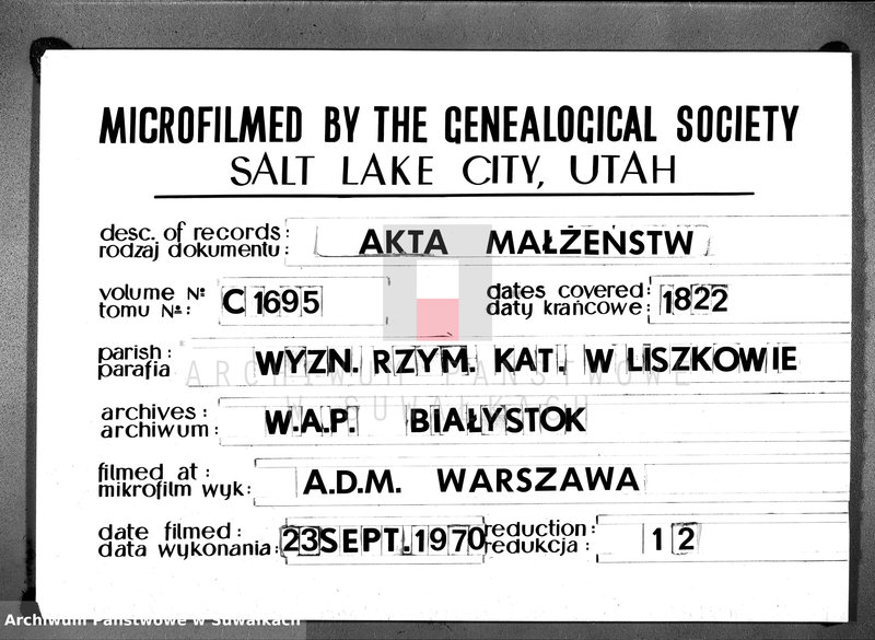 image.from.unit.number "Księga Aktów Zaślubionych Urzędnika Stanu Cywilnego Gminy Liszkowskiey od 1- go stycznia 1822 roku"