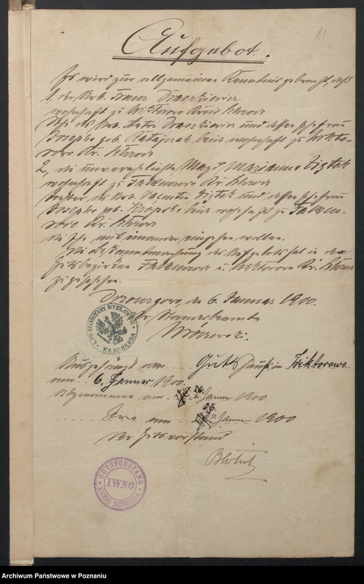 image.from.unit.number "Acta des Königlichen Standesamts Wyslawice Kreis Schroda betreffend die Aufgebotsverhandlungen pro 1900"