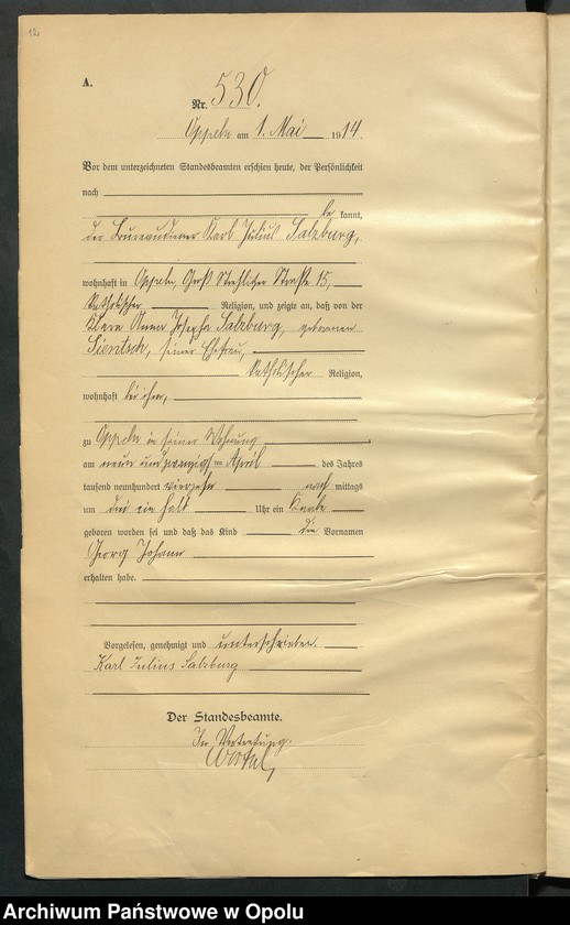 Obraz 16 z jednostki "Urząd Stanu Cywilnego Opole Księga Urodzeń Rok 1914 520-1033"