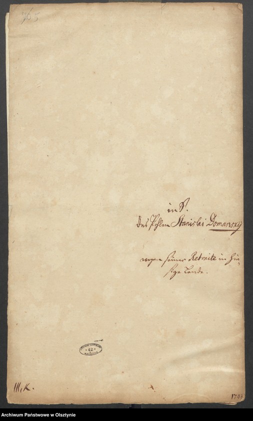 image.from.unit.number "In S. [Sachen] des Pohlen Stanislai Domansky wegen seiner Retraite in hiesige Lande"