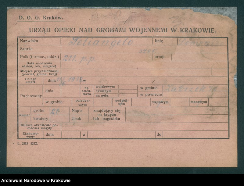 Obraz z jednostki "Karty ewidencyjne zmarłych Włochów na terenie powiatów Zabrek, Cernovir, Witkowitz (Czechy)."