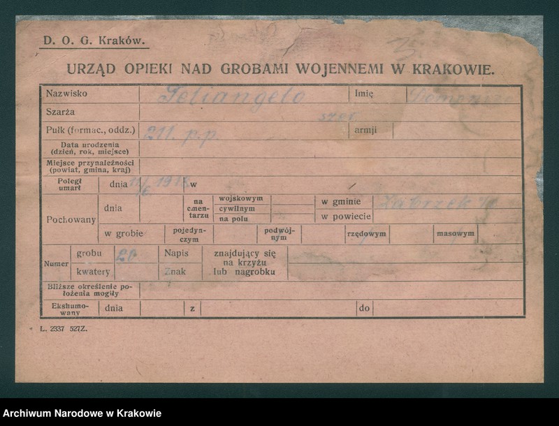 image.from.unit.number "Karty ewidencyjne zmarłych Włochów na terenie powiatów Zabrek, Cernovir, Witkowitz (Czechy)."