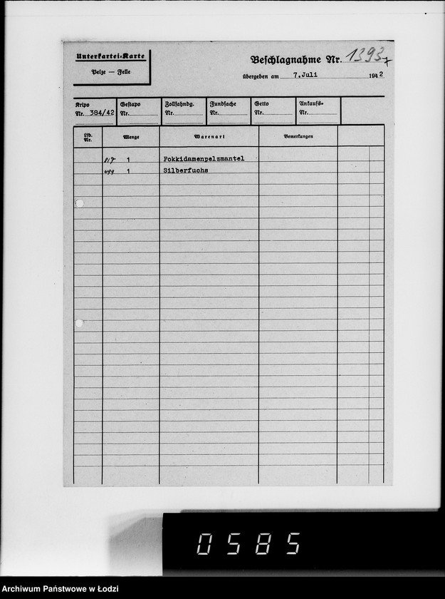 Obraz 11 z jednostki "Kripo. Kartei-Karten Beschlagnahme Nr.968-1397"
