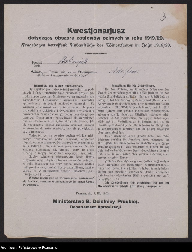 Obraz 5 z jednostki "[Kwestionariusz dotyczący zasiewów ozimych w roku 1919/1920 w powiecie babimojskim]"