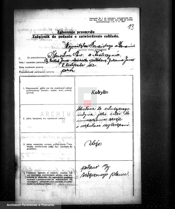 image.from.unit.number "Podanie o pozwolenie na budowę silosa i rozbudowy czyszczarni przy młynie parowym firmy Gottlieb Jonas, Kobylin, pow. krotoszyński"
