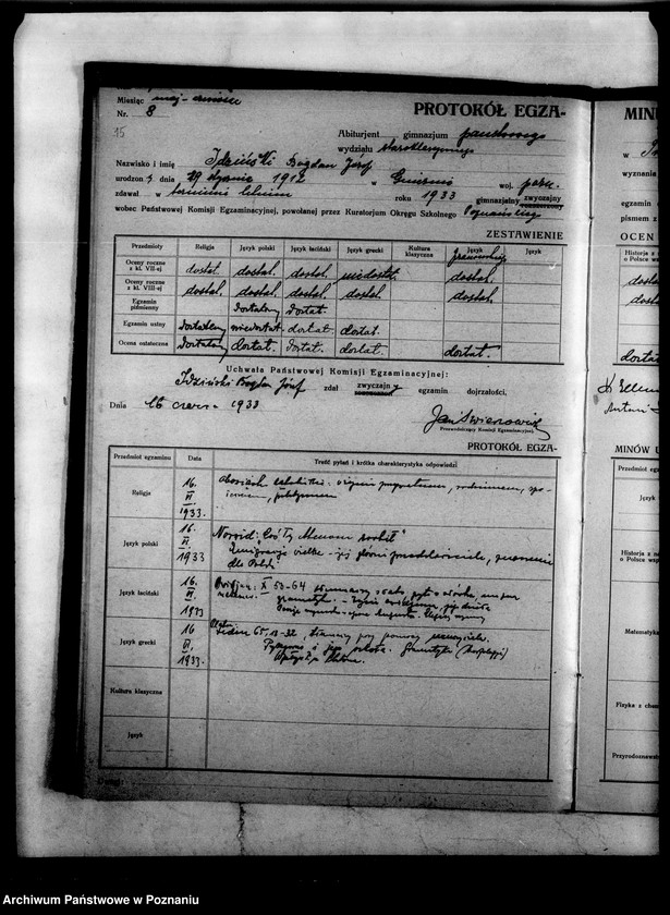 Obraz 18 z jednostki "Protokoły egzaminu dojrzałości Państwowego Gimnazjum Klasycznego- Trzemeszno"