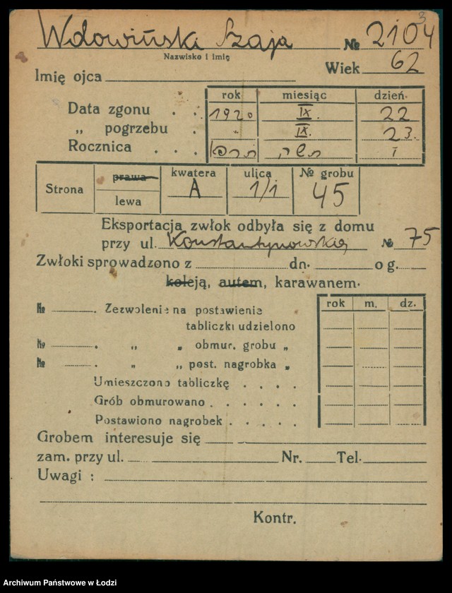 Obraz 4 z jednostki "Kartoteka osób pochowanych na cmentarzu żydowskim przy ulicy Brackiej w latach 1892-1957. Nazwiska na litery: Wd-Wis"