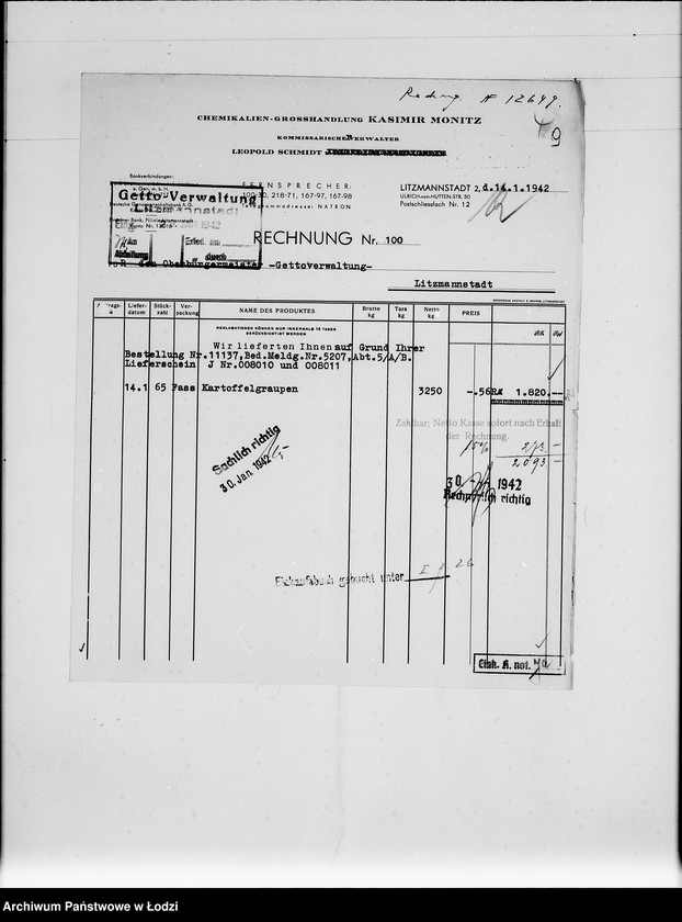 Obraz 13 z jednostki "M [rachunki za dostawy towarów dla Getta]"