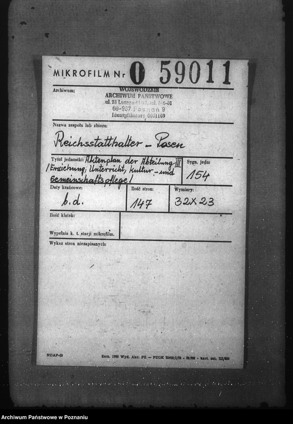 Obraz 2 z jednostki "Aktenplan der Abteilung III (Erziehung, Unterricht, Kultur- und Gemeinschafts- pflege)"