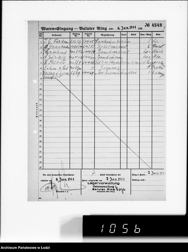 Obraz 9 z jednostki "Waren-Eingang. Baluter Ring [Dzienne zestawienia faktur na towary dostarczane do składów Getta na Bałuckim Rynku]"
