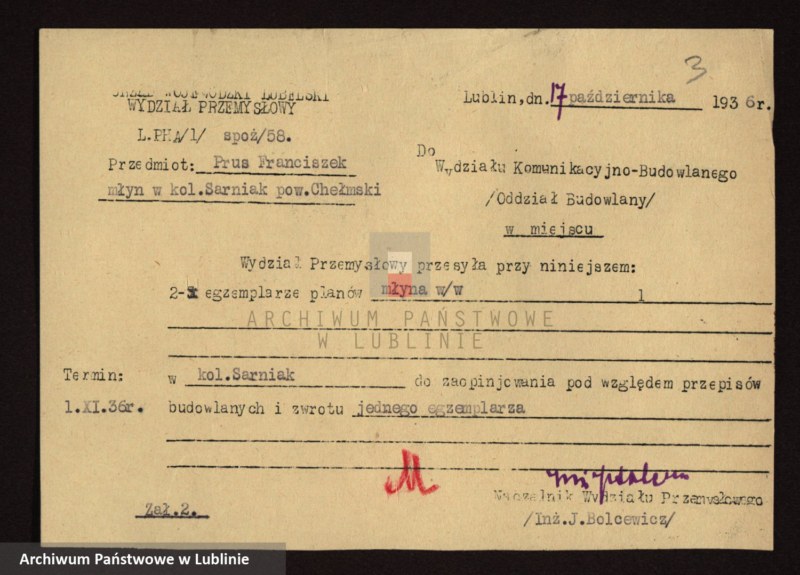 image.from.unit.number "[Projekt młyna drewnianego F. Prusa w kol. Sarniak, pow. chełmski]"
