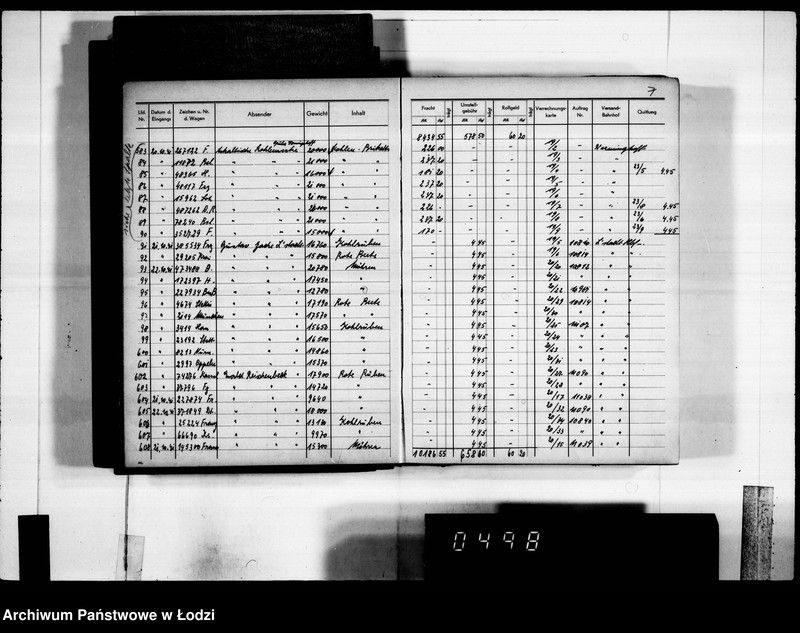 Obraz 11 z jednostki "Frachten Eingang [rejestr listów przewozowych]"