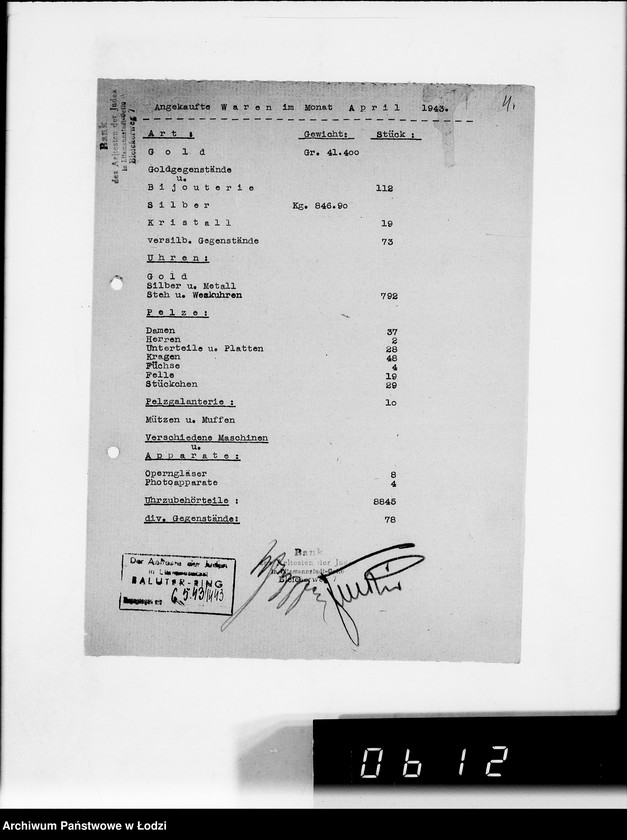 Obraz 9 z jednostki "Monatliche Warenbestandsmeldungen der Bankabteilung des Judenältesten"