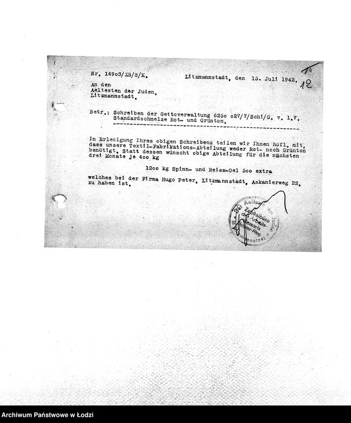 Obraz 15 z jednostki "Bedarfsmeldungen [Skierowane do GV zapotrzebowania na surowce, materiały, narzędzia, maszyny itp. potrzebne resortom pracy do produkcji; zamówienia żywności, lekarstw]"