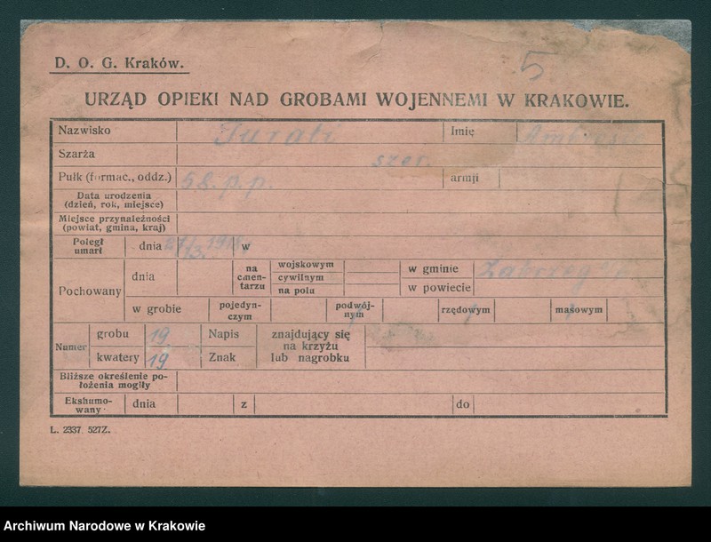 Obraz 5 z jednostki "Karty ewidencyjne zmarłych Włochów na terenie powiatów Zabrek, Cernovir, Witkowitz (Czechy)."