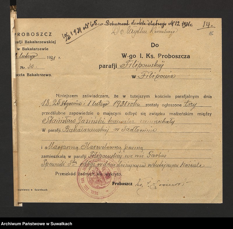 Obraz 18 z jednostki "Dokumenty przedstawione do ślubnych aktów roku 1931 w parafji rzymsko-katolickiej Filipów powiatu suwalskiego."
