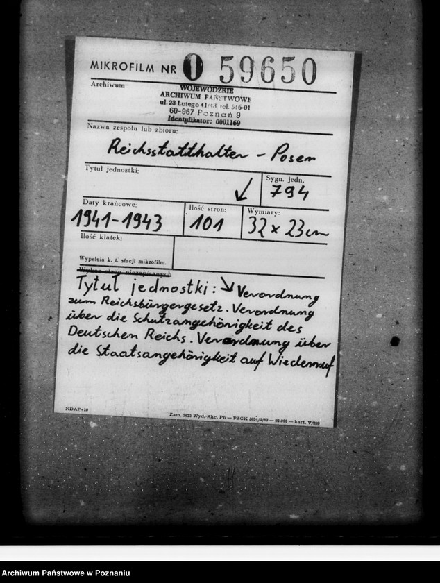 Obraz 2 z jednostki "13. Verordnung zum Reichsbürgergesetz. Verordnung über die Schutzangehörigkeit des Deutschen Reichs. Verordnung über die Staatsangehörigkeit auf Wiederruf"