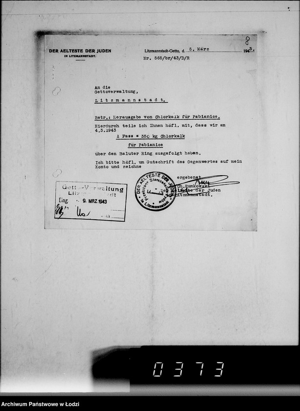 Obraz 12 z jednostki "[Korespondencja Przełożonego Starszeństwa Żydów w Getcie w sprawach przydziału maszyn i urządzeń oraz półfabrykatów do produkcji]"