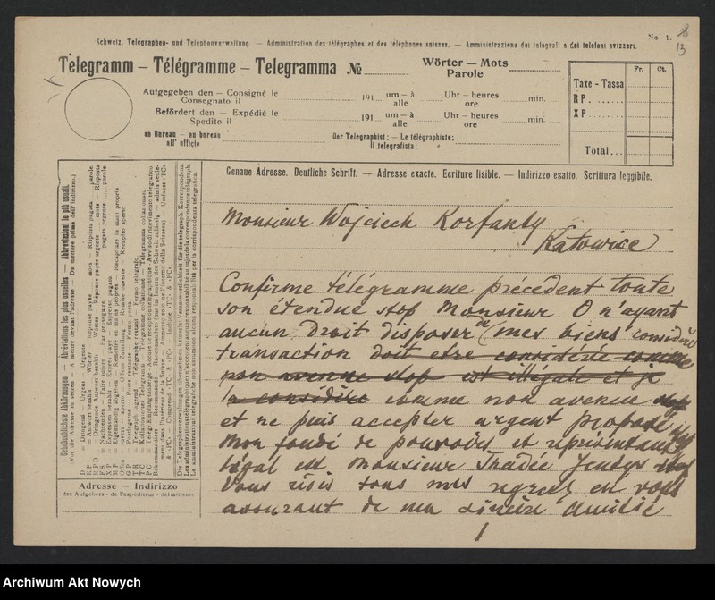image.from.unit.number "Korfanty Wojciech; Załączniki: a) telegram I. J. Padewskiego do W. Witosa; b) zaproszenie, dotyczy "Rzeczypospolitej"; L.23 (odpowiedzi - rękopisy, maszynopisy)"