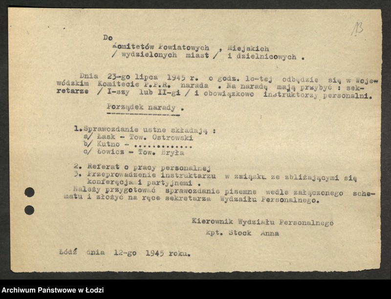 Obraz 14 z jednostki "Protokoły narad instruktorów [personalnych] komitetów powiatowych i miejskich [z załącznikami]"