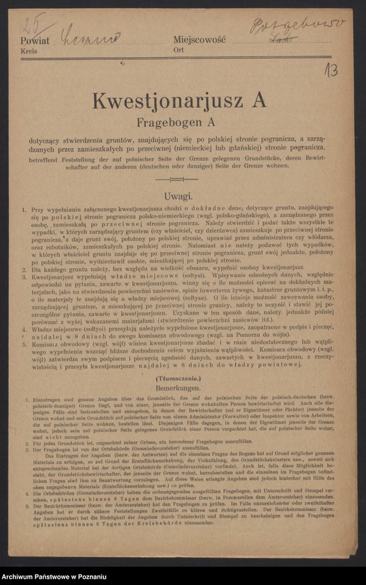 Obraz 12 z jednostki "[Kwestionariusze dotyczące stwierdzenia gruntów znajdujących się po polskiej stronie pogranicza a zarządzanych przez zamieszkałych po stronie niemieckiej] powiat leszczyński"