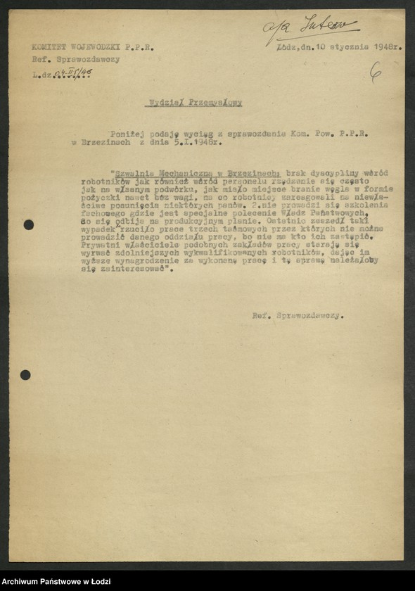 Obraz 7 z jednostki "[Wyciągi] Referatu Sprawozdawczego [dla wydziałów i Komisji Kontroli Partyjnej z protokołów zebrań i sprawozdań instruktorów]"