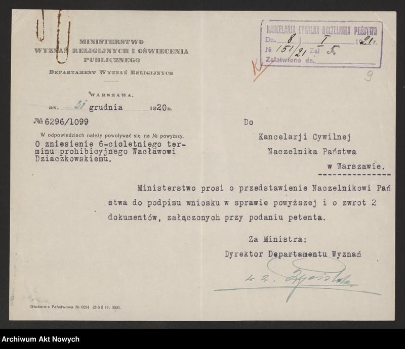 image.from.unit.number "Zniesienie wyroków Ewangelickich Sądów Konsystorskich: Augsburskiego i Reformowanego, o sześcioletnim terminie zakazu wstąpienia w ponowne związki małżeńskie oraz zakazu 10 miesięcznego.Reskrypty Naczelnika Państwa, wnioski, korespondencja z Min. Wyznań Religijnych i Oświecenia Publicznego"