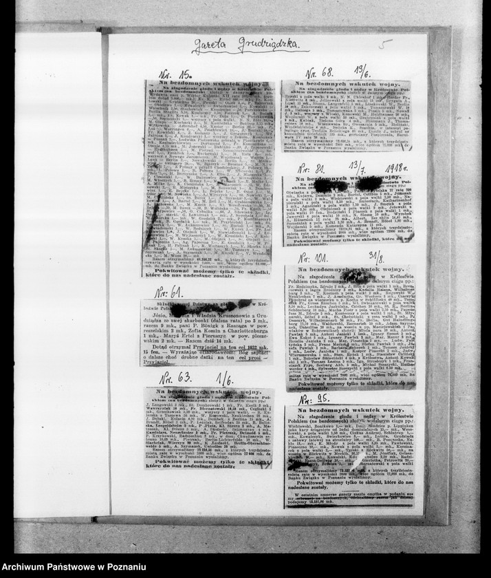 Obraz 9 z jednostki "Podziękowania za pomoc materialną dla uchodźców wojennych z Królestwa Polskiego [wycinki prasowe z "Gazety Grudziądzkiej" i "Gazety Gdańskiej"]"