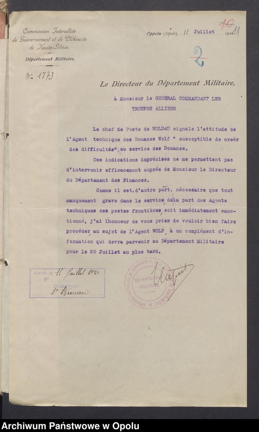 Obraz 13 z jednostki "Commandement Superieur des Forces Alliees en Haute-Silesie-Entrees /Korespondencja wpływająca pochodząca od władz wyższych i jednostek podległych/ 29.06.1920 - 30.10.1920"