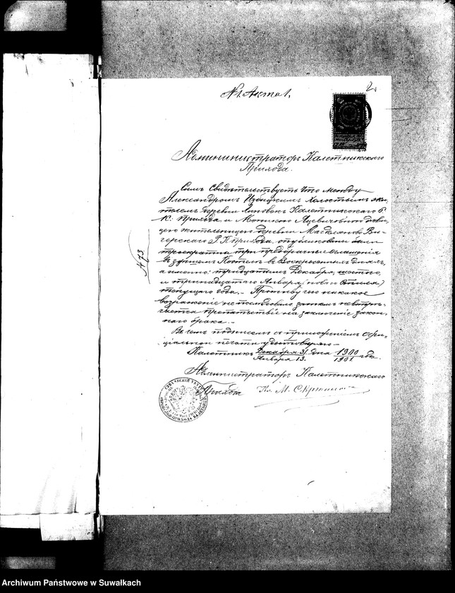 Obraz 5 z jednostki "Dokumienty Brakosočetavšichsja Vigierskago Rimsko- Katoličeskago Prichoda za 1901 g"