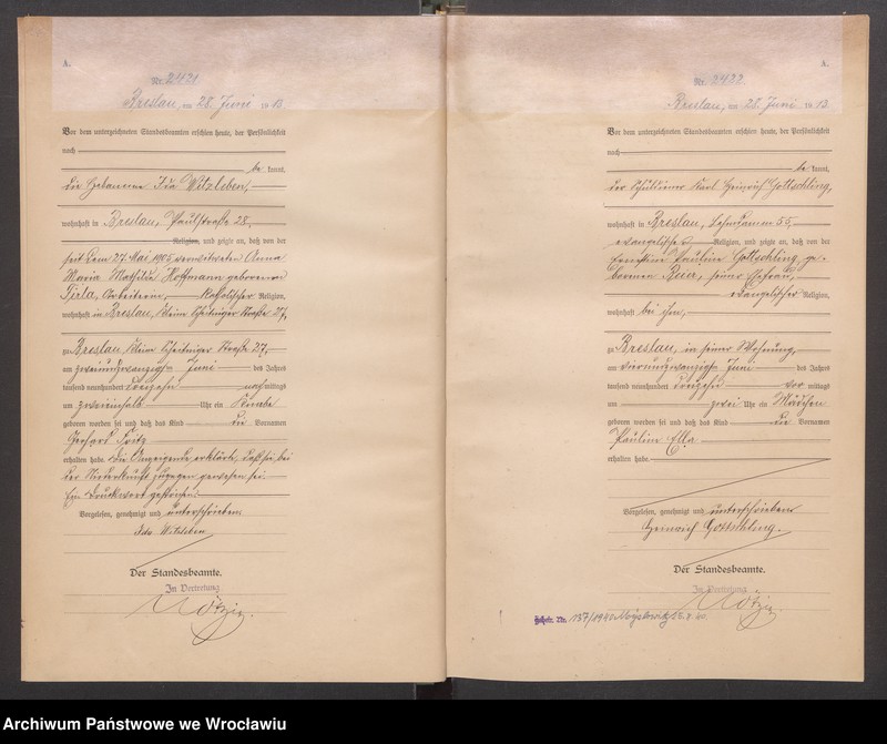 image.from.unit.number "Geburts Neben Register Standesamt Breslau III 1913 Band 7"