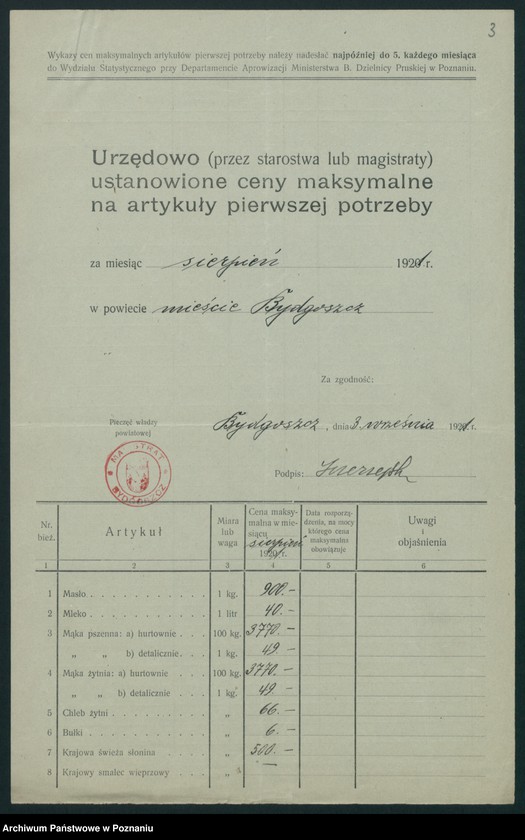 Obraz 5 z jednostki "[Wykazy cen rynkowych artykułów spożywczych w poszczególnych miastach Województwa Poznańskiego za miesiąc sierpień 1921 roku]"