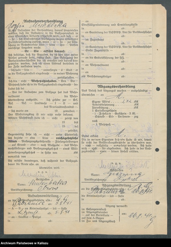 Obraz z jednostki "[Akta osobowe więźnia - Michalska Zofia, zam. Pabianice]"