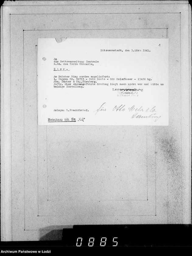 Obraz 5 z jednostki "Ablage [Korespondencja dostawców do Getta dot.wagonowych przesyłek produktów żywnościowych, opału do stacji Radogoszcz]"