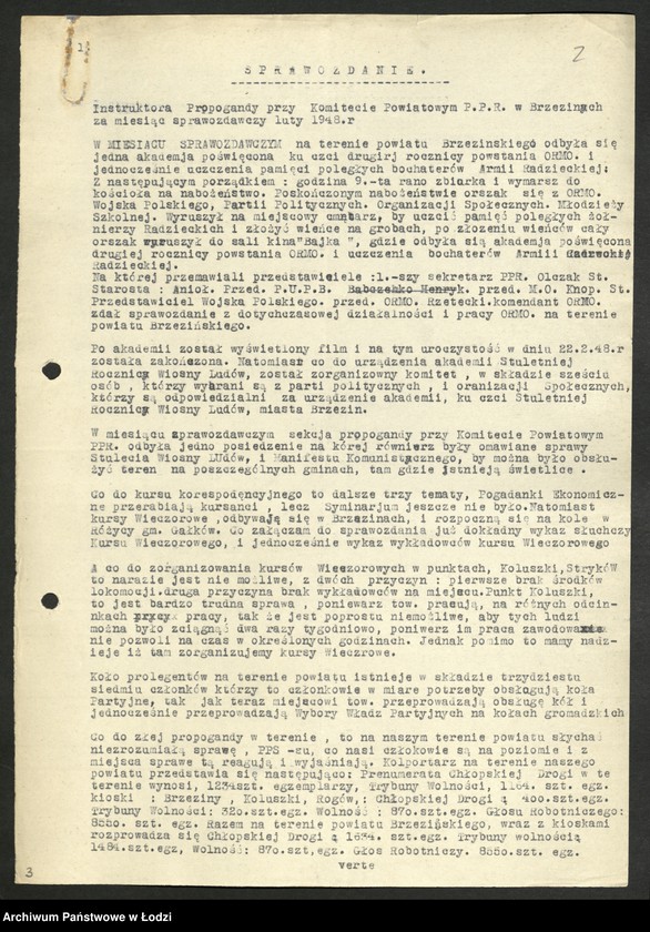 Obraz 3 z jednostki "Sprawozdania miesięczne instruktorów propagandy komitetów powiatowych i komitetów miejskich [z załącznikami za 1948 rok]"