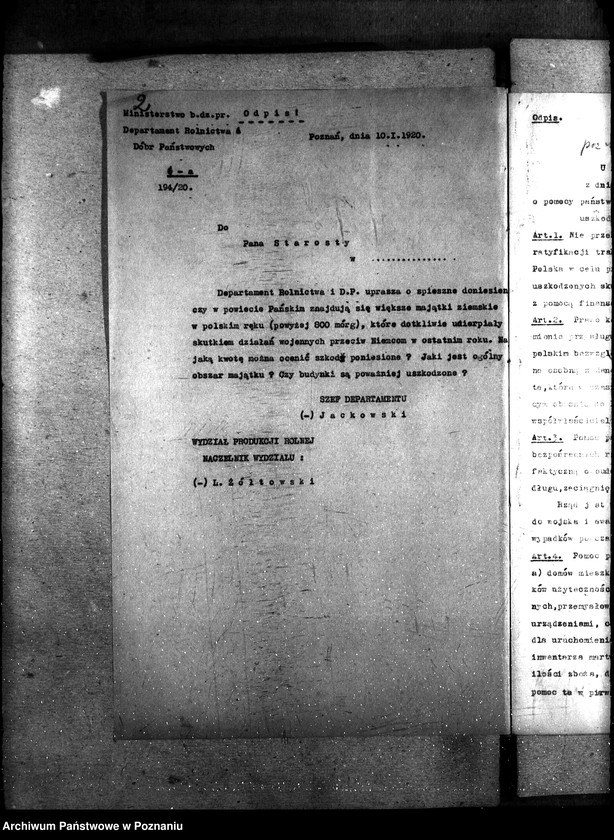 Obraz 6 z jednostki "Sprawy ogólno-administracyjne. Szkody wojenne, zapomogi gosp. rozporządzenie 9.3.20 r."