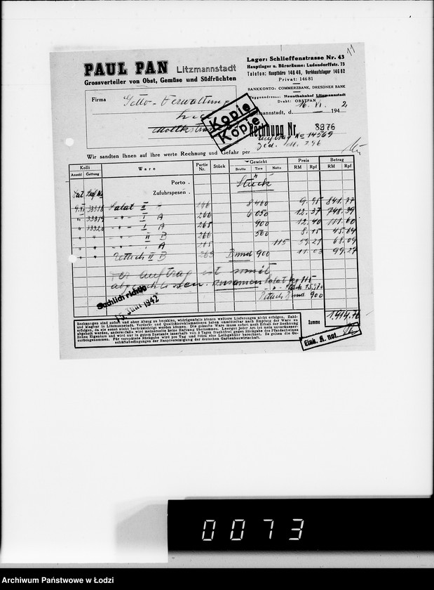Obraz 15 z jednostki "Aufträge, Lieferscheinen und Rechnungen 14501-14570. [Zlecenia na produkty dla Getta. Rachunki, kwity przewozowe, korespondencja]"