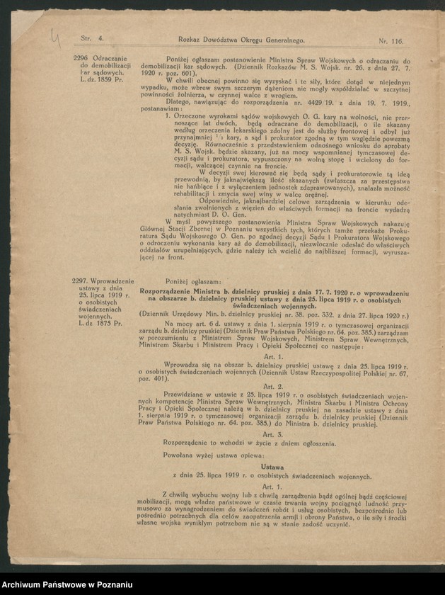 Obraz 6 z jednostki "/Rozkazy Dowództwa Okręgu Generalnego w Poznaniu/, nr 116-140."