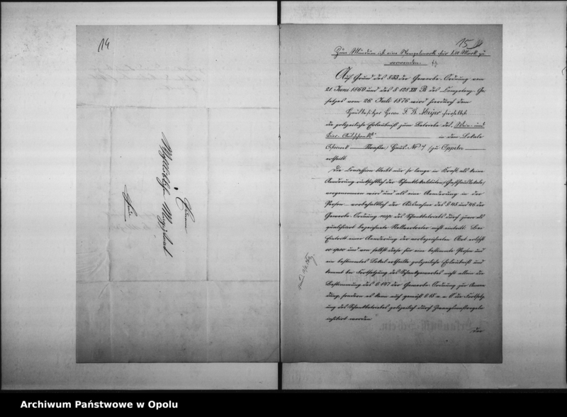 Obraz 15 z jednostki "Acta des Magistrats zu Oppeln betreffend den Wein - Bier - Ausschank im Hause No 7 Ostrowek durch F.B. Meyer Vol. I"